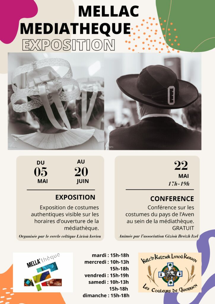 La médiathèque s'associe à la Fête de la Bretagne et accueille du 5 mai au 20 juin une exposition de costumes bretons organisée par le Cercle Celtique Lirioù Kerien ! Pour aller plus loin, une conférence vous sera proposée le 22 mai par l'association Ciziou Breizh Izel, sur les costumes du pays de l'Aven. 
