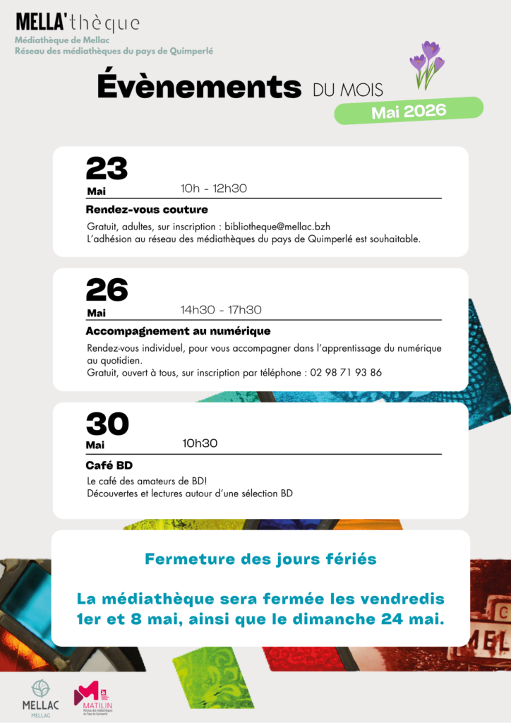 Le 23 mai, c'est le rendez-vous couture ! 🧵de 10 à 12h30
Le 26 mai, si vous avez besoin d'aide avec le numérique, prenez rendez-vous pour une heure d'accompagnement personnalisé. 💻de 14h30 à 17h30
Le 30 mai, c'est Café BD à partir de 10h ! Venez discuter de vos derniers coups de cœur et découvrir les nouveautés 📚
A noter : la médiathèque sera fermée les vendredis 1 et 8 mai ainsi que le dimanche 24 mai.